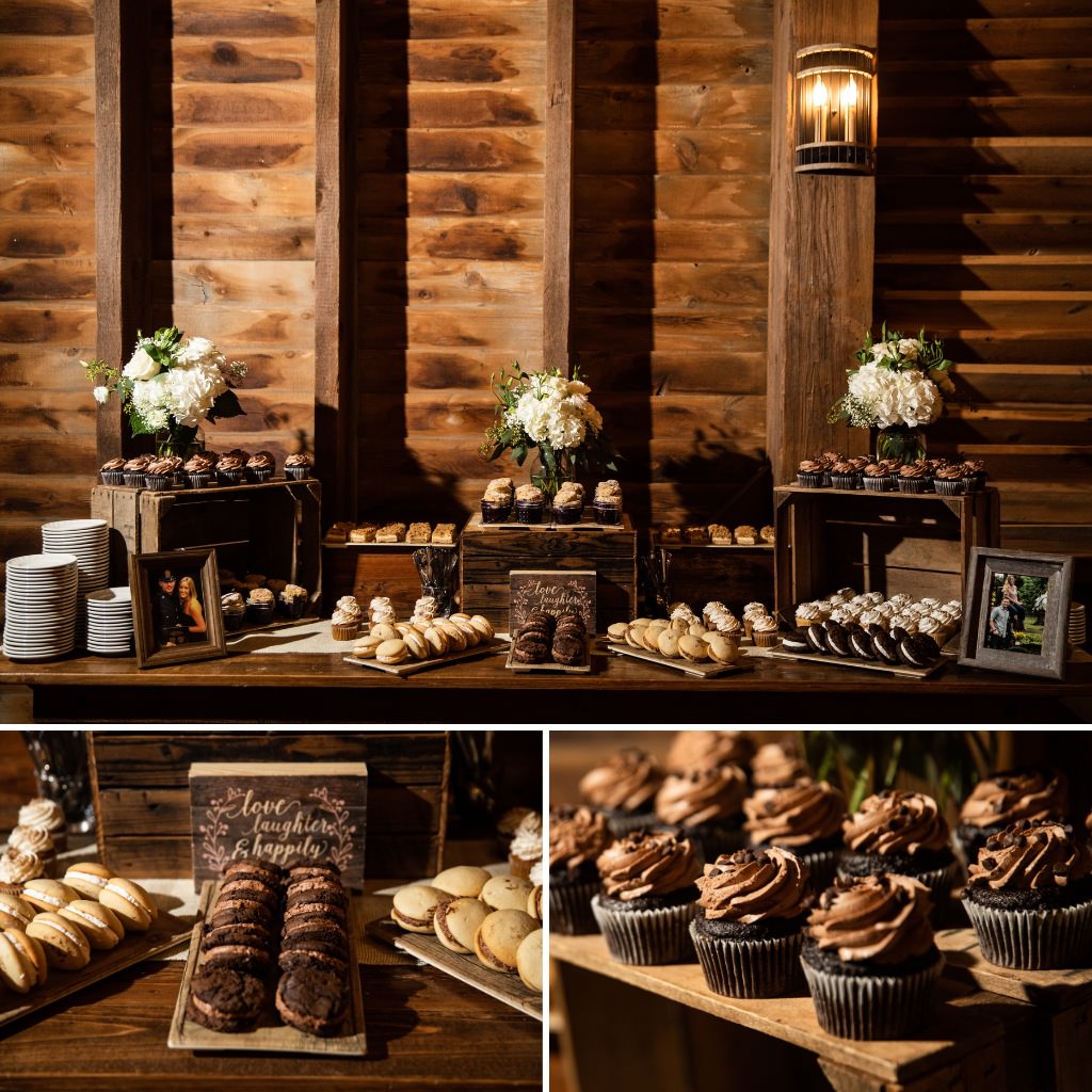 Cupcakes and whoopie pies on a wedding dessert table