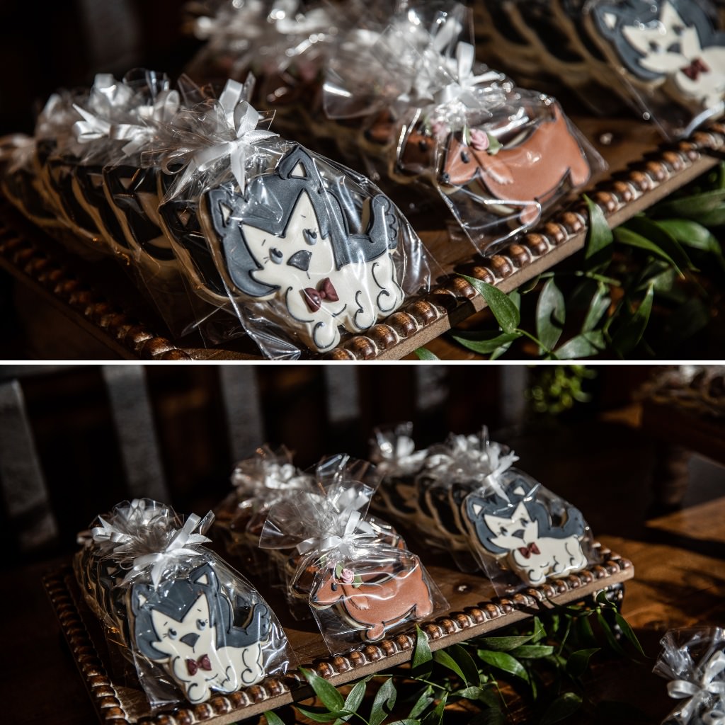 Wedding cookies that are made to look like the couple's dogs