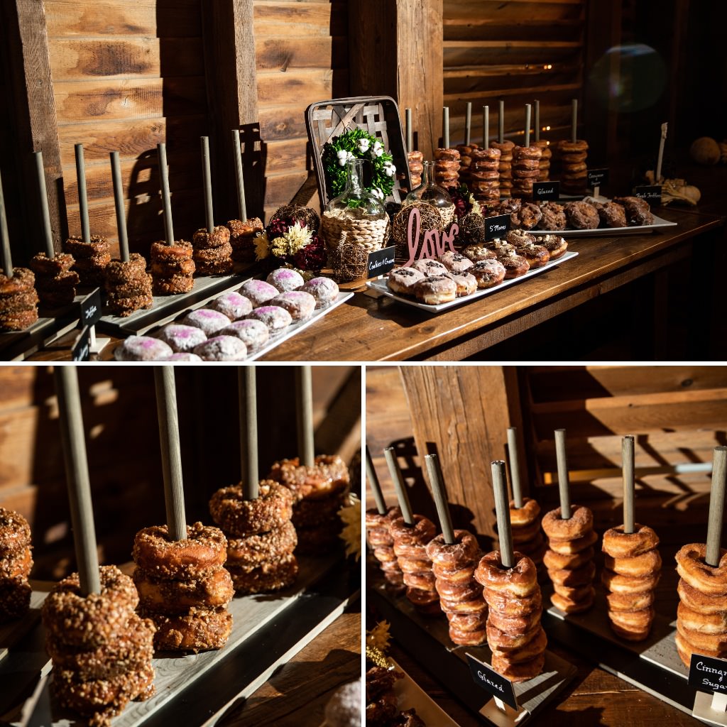 A donut tower on display at a wedding reception for dessert