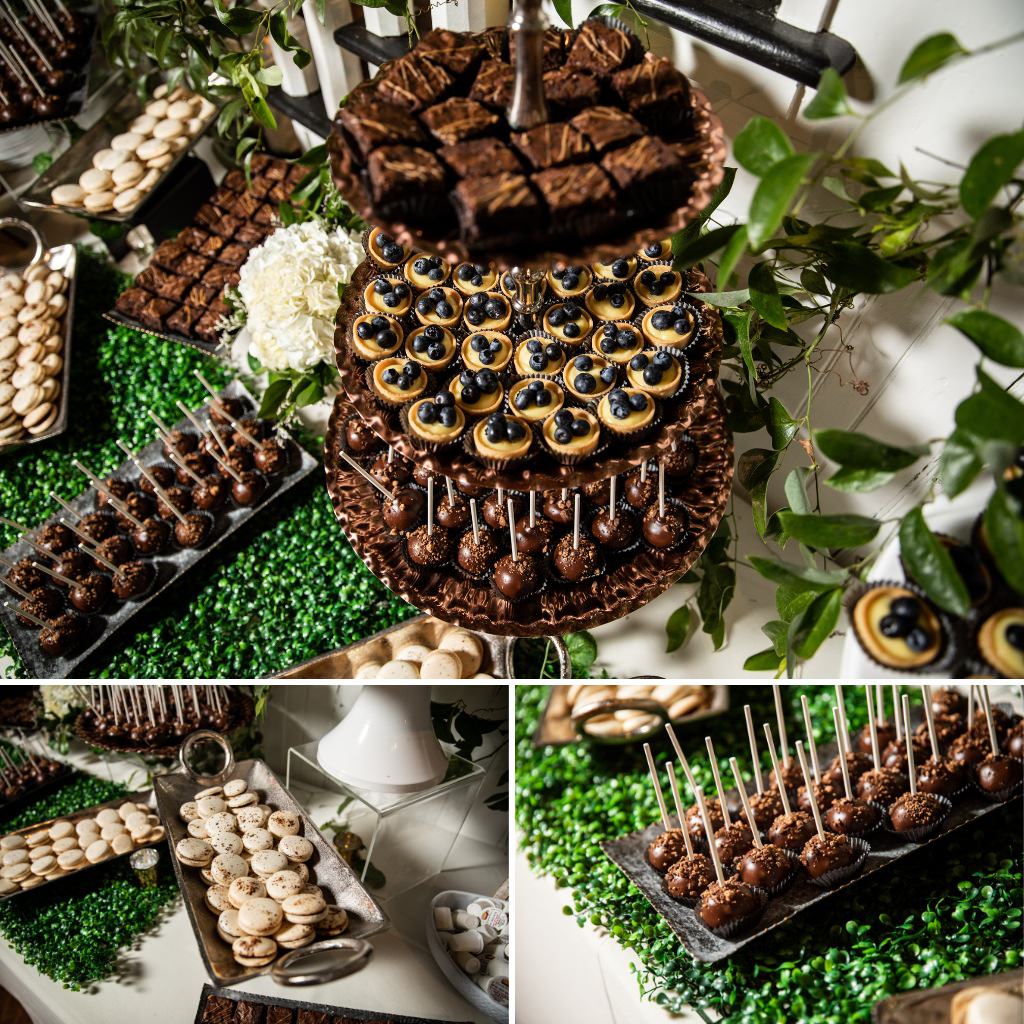 A fancy wedding dessert display with macarons, tarts, brownies, cake pops, and more