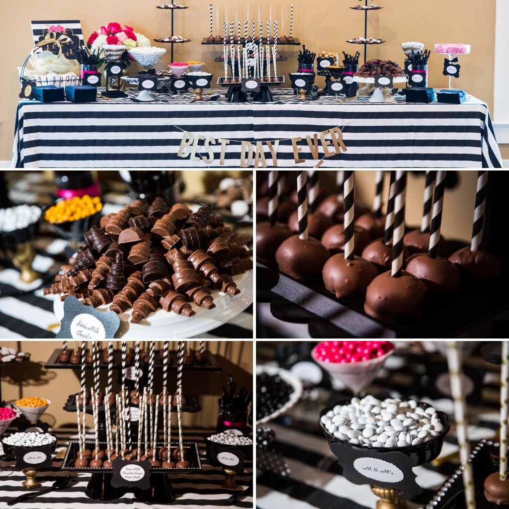 A black and white Kate Spade inspired wedding dessert table