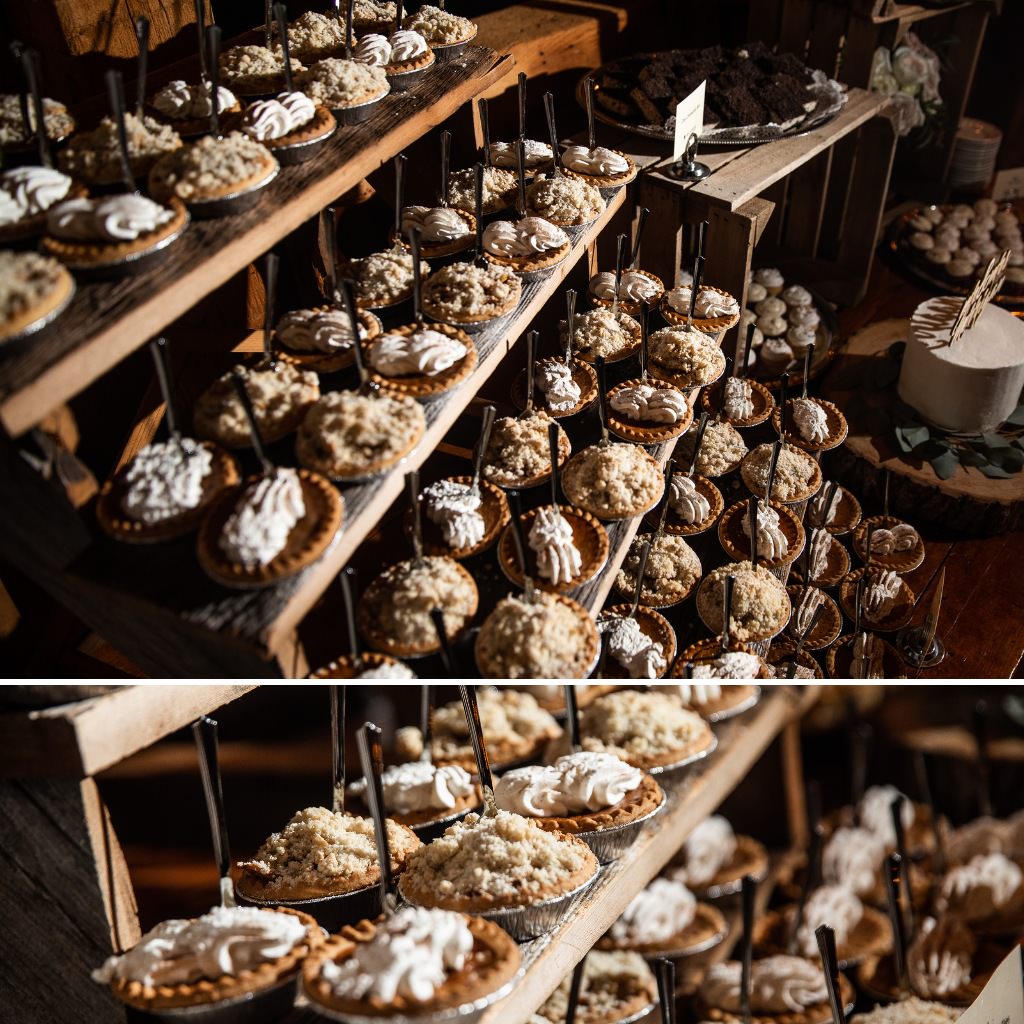 mini pie display at a wedding reception
