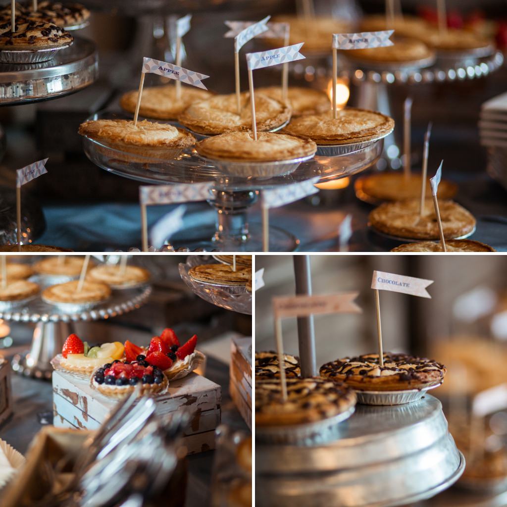 Mini pies on a rustic wedding reception dessert table
