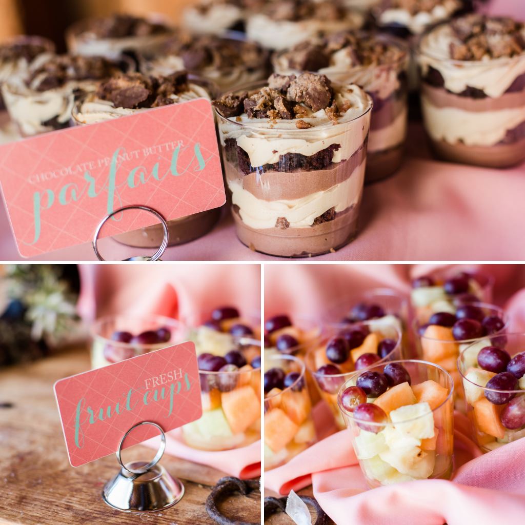fruit cups and parfait being serviced in mini jars at a wedding reception for dessert