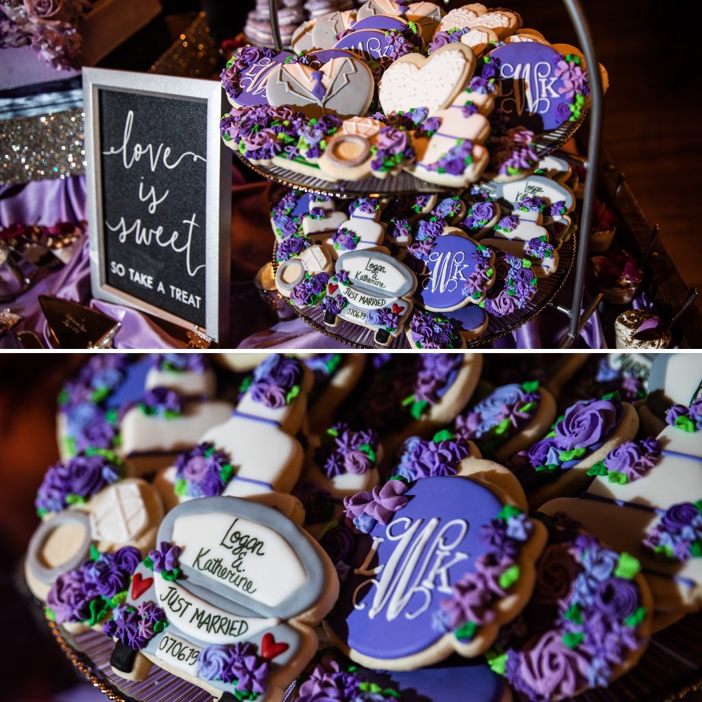 Purple cookies with the couple's initials for a wedding dessert table idea
