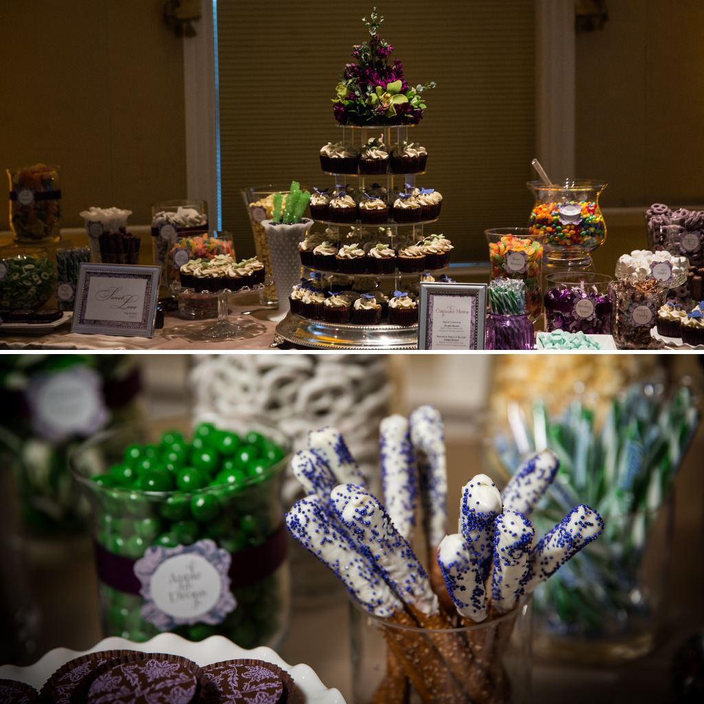 A wedding cupcake tower and candy table