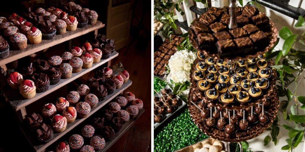 Two wedding dessert ideas that are not cake. This shows cupcakes and other assorted mini desserts