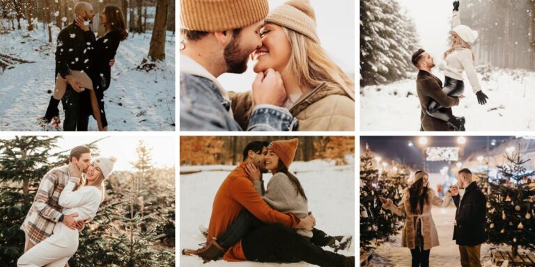 A photo collage of 6 different winter engagement photos.