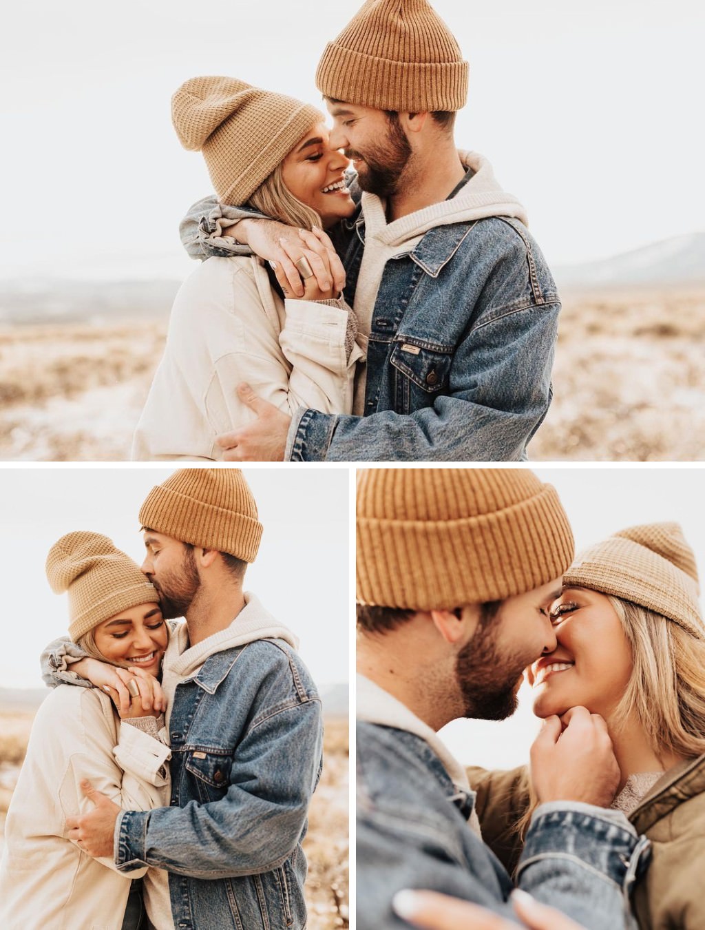 winter engagement photos of a girl and guy wearing winter beanies and denim jackets