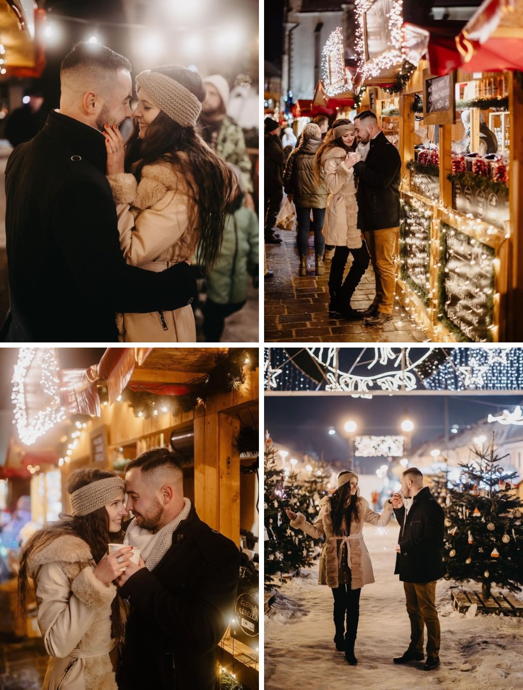 A few engagement photos in a Christmas village taken in the winter