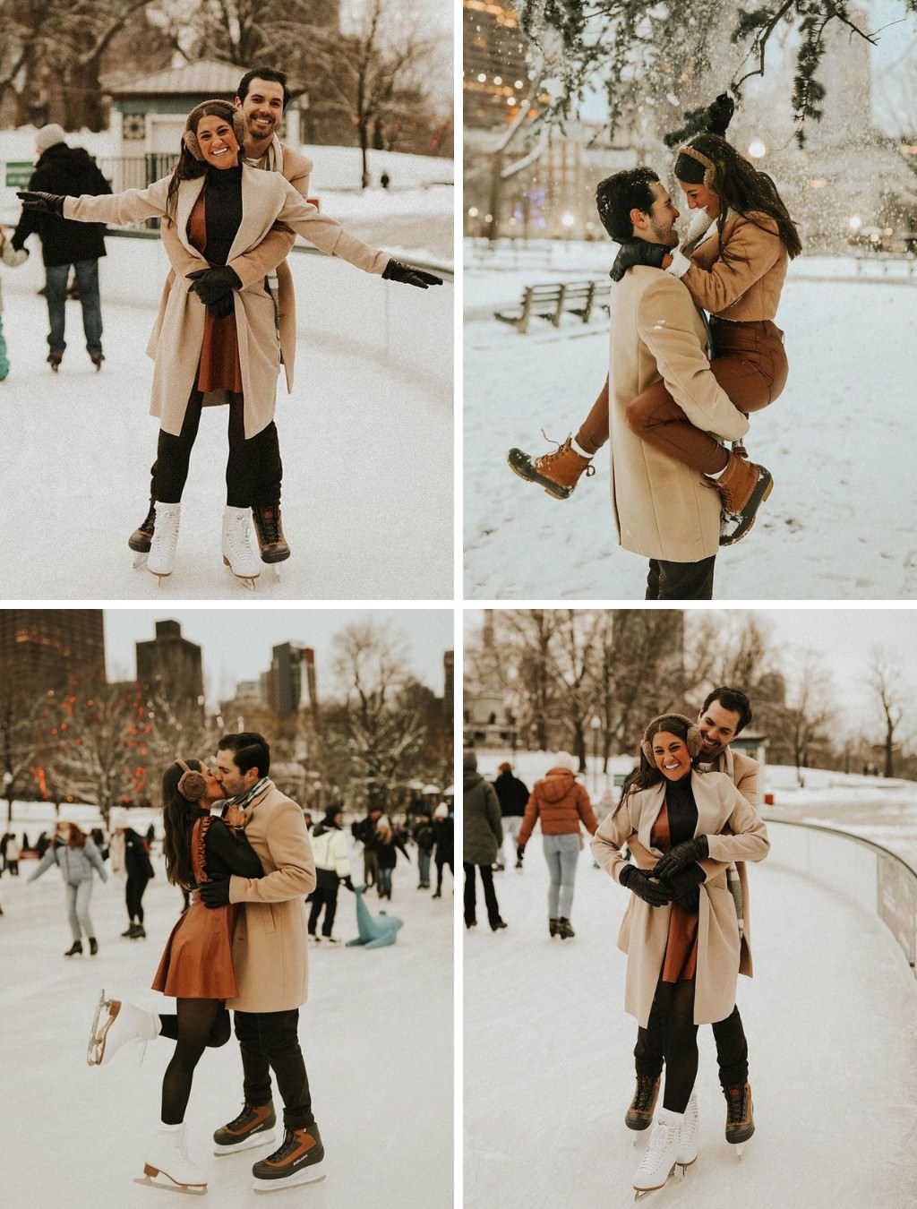 A couple doing their engagement photos at an outdoor ice skating rink. they are posing in a variety of cute poses.