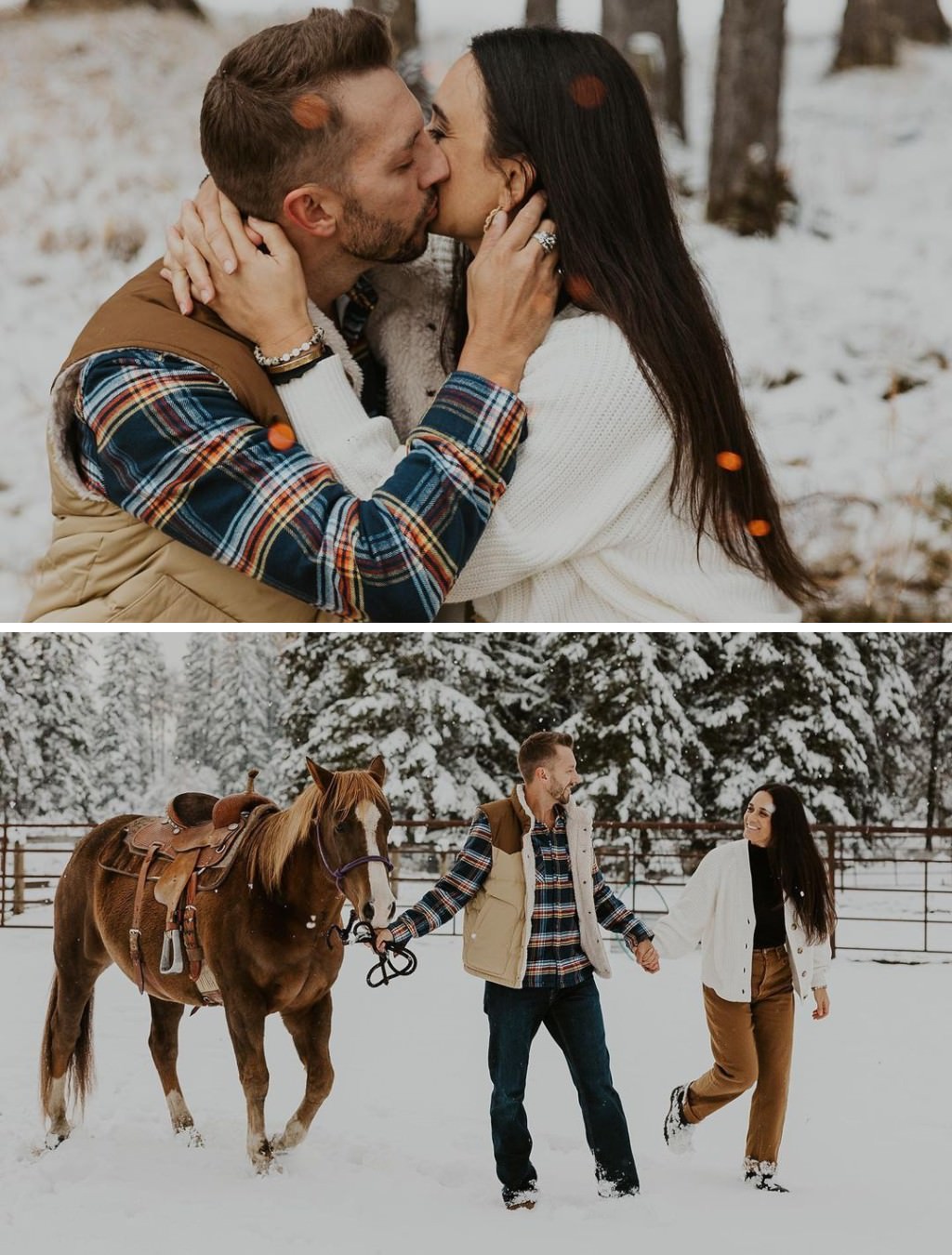 A guy and girl posing for engagement photos in the snow with a horse