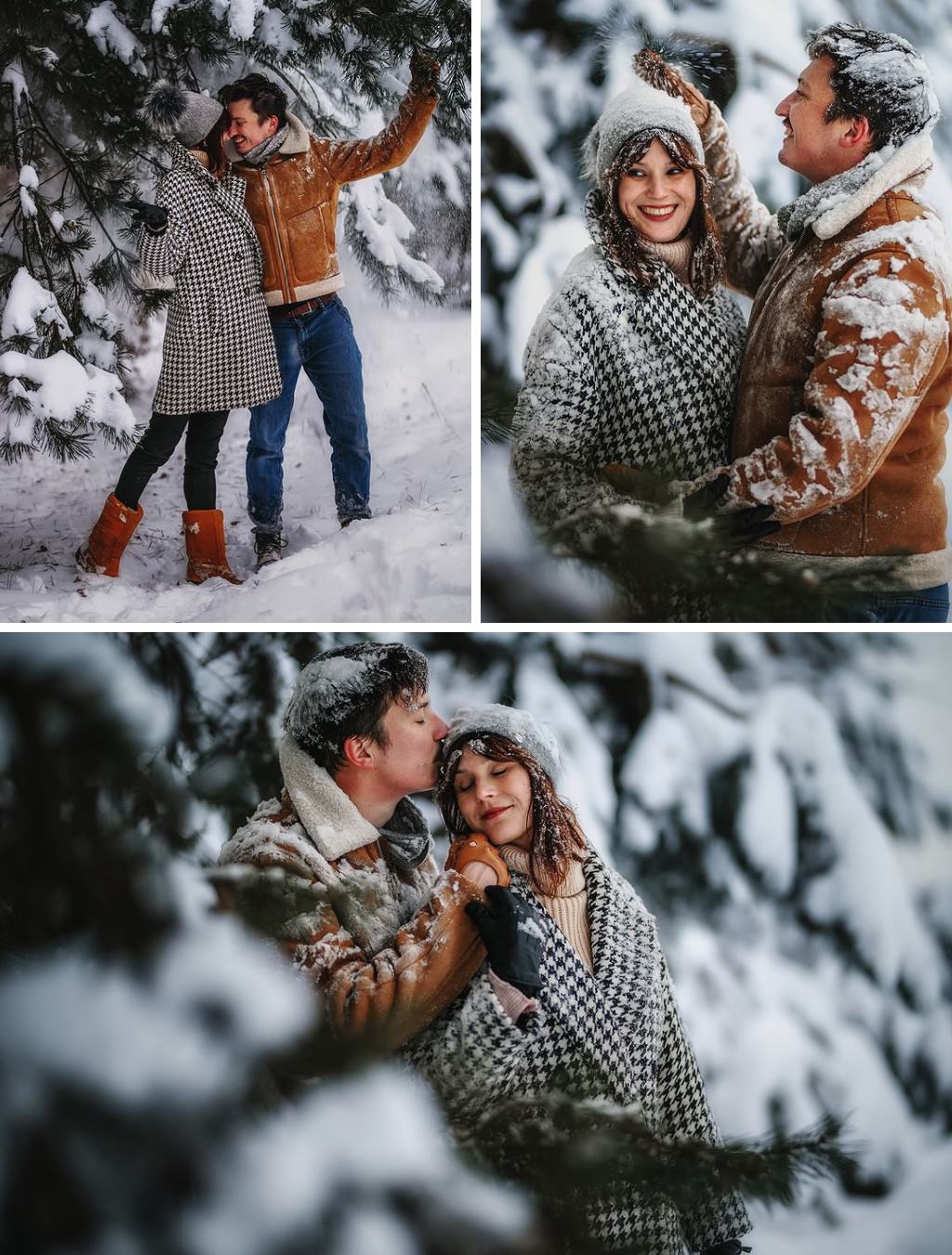 Photos of a couple posing for their engagement session in the snowy trees