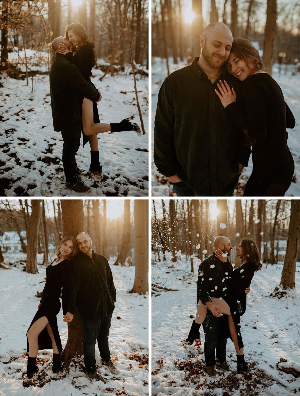 Stylish winter engagement photos with a couple in black in the snow