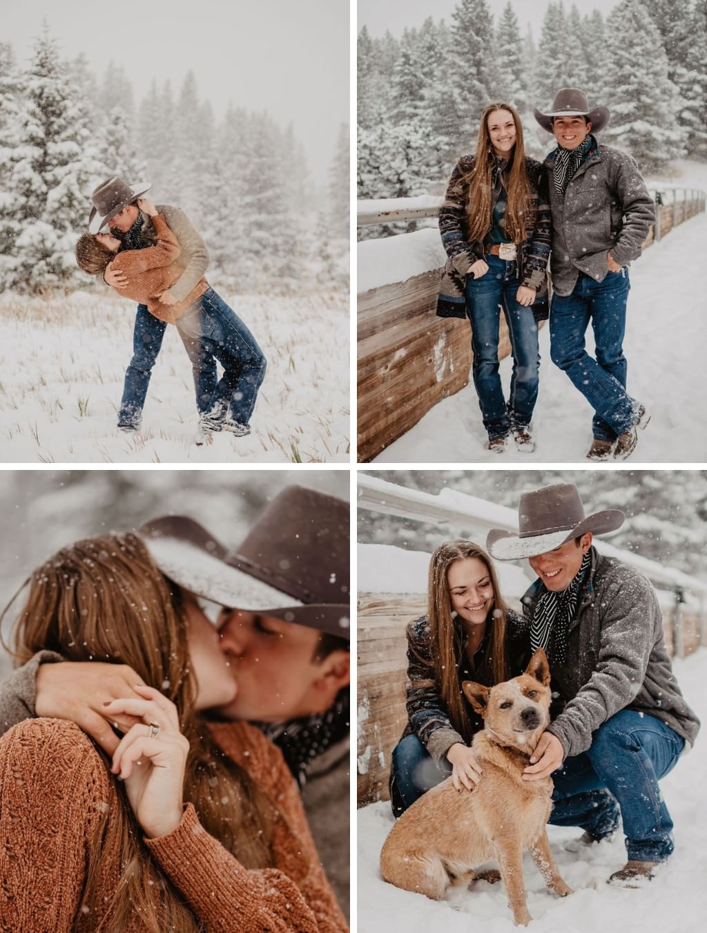 A photo collage of winter engagement photos with a couple and their dog