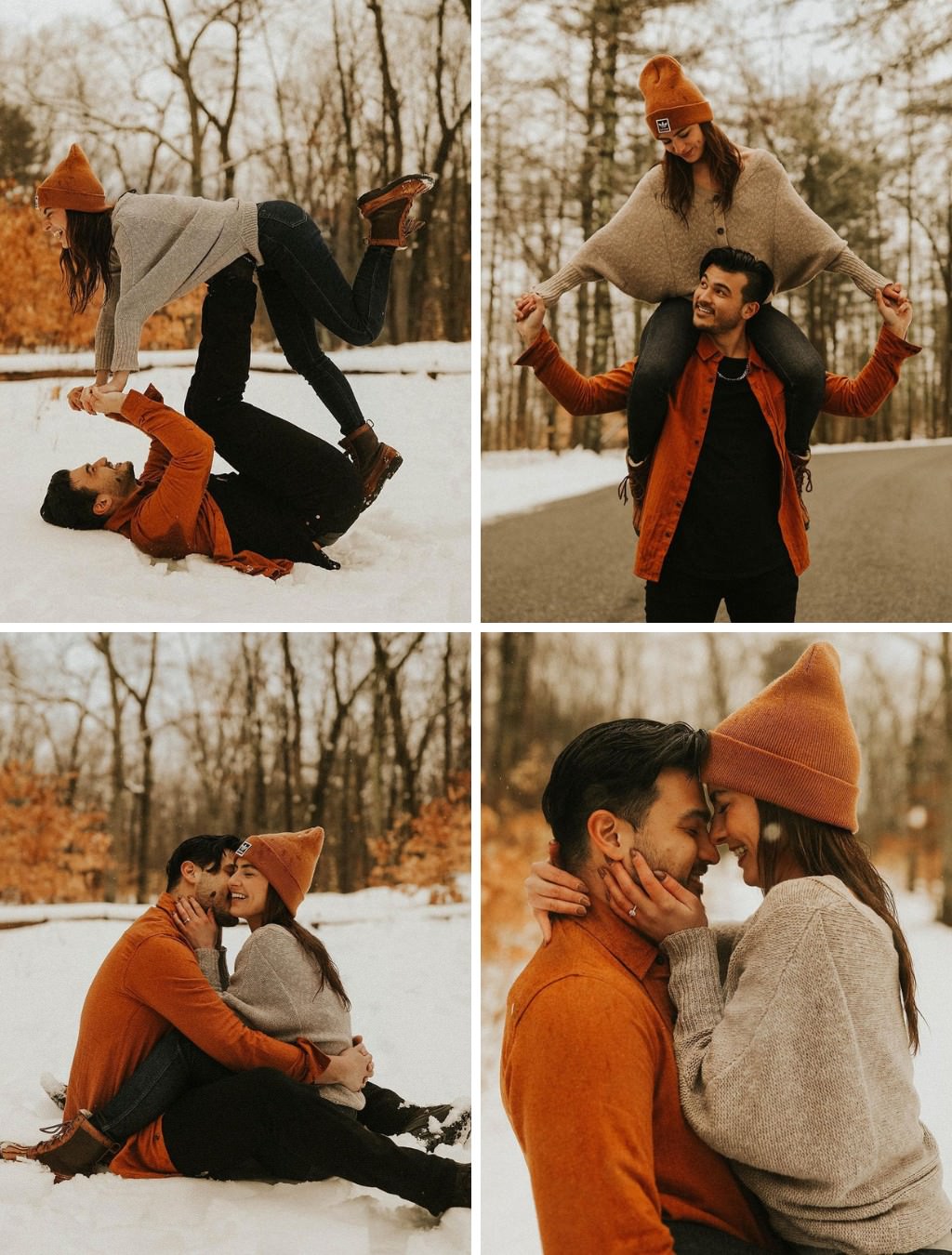 A collage of winter engagement photos with a guy in an orange sweater and a girl in an orange beanie. They are doing a variety of sitting and standing poses