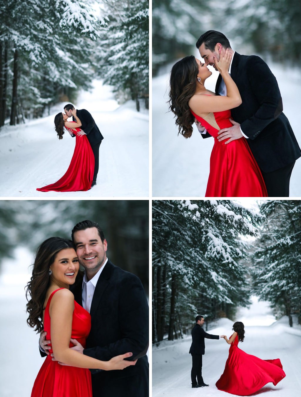 Engagement photos in the snow with the girl in a bright red dress