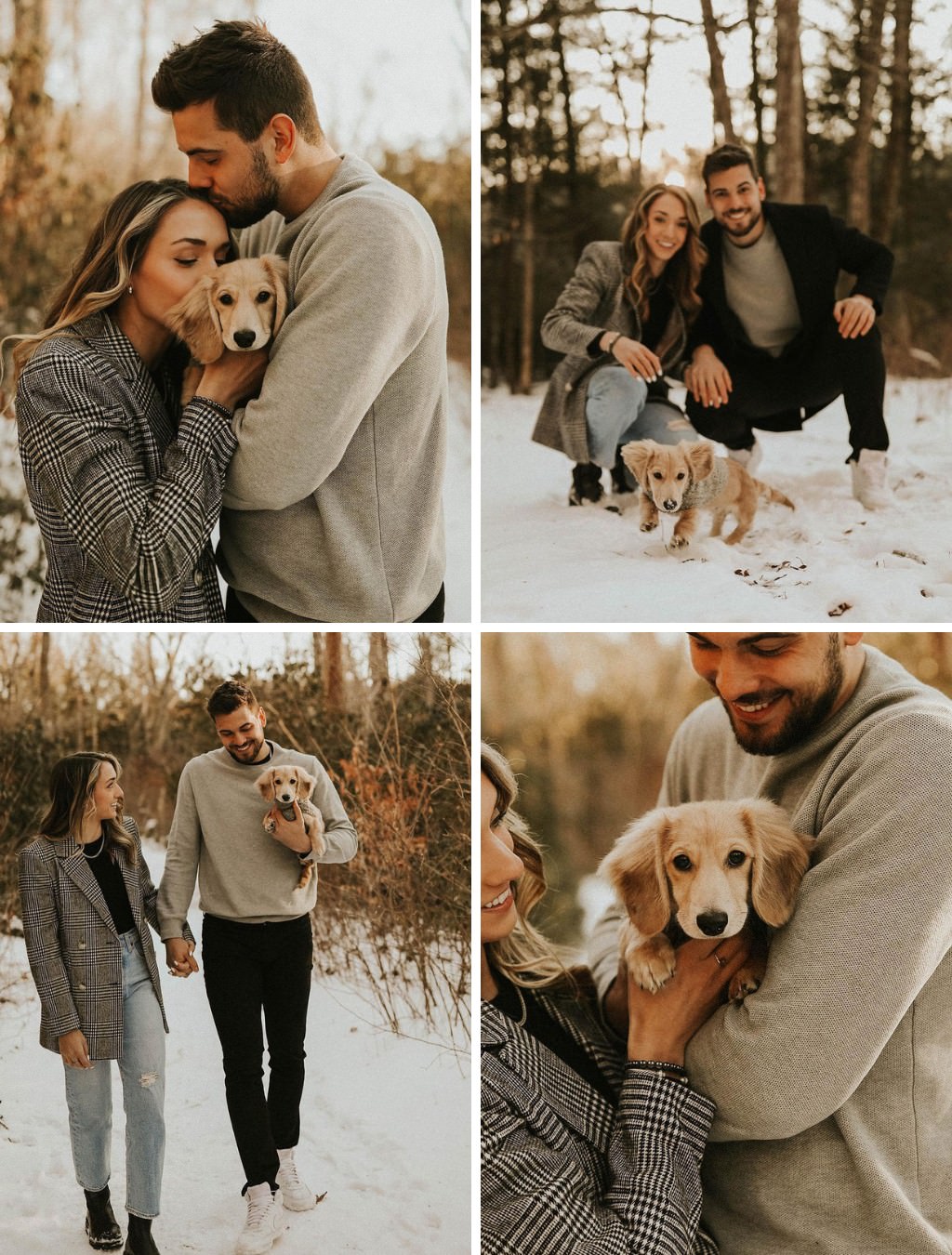 A cute winter engagement session with a guy, girl, and little dog. they are playing and posing in the snow