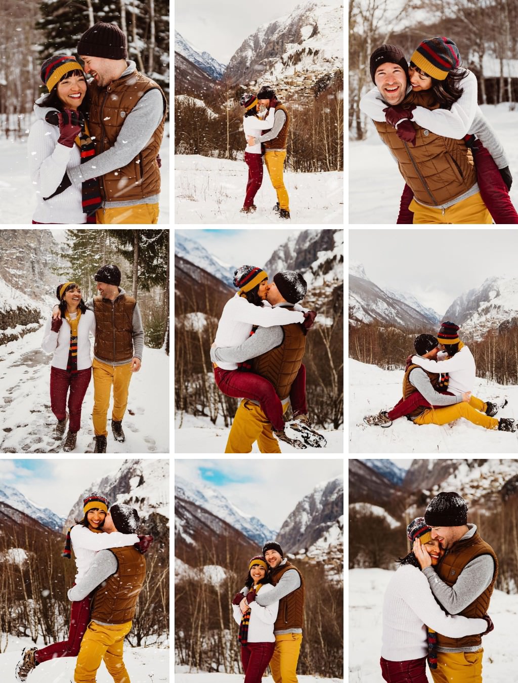 Colorful winter engagement photos with red pants and yellow pants