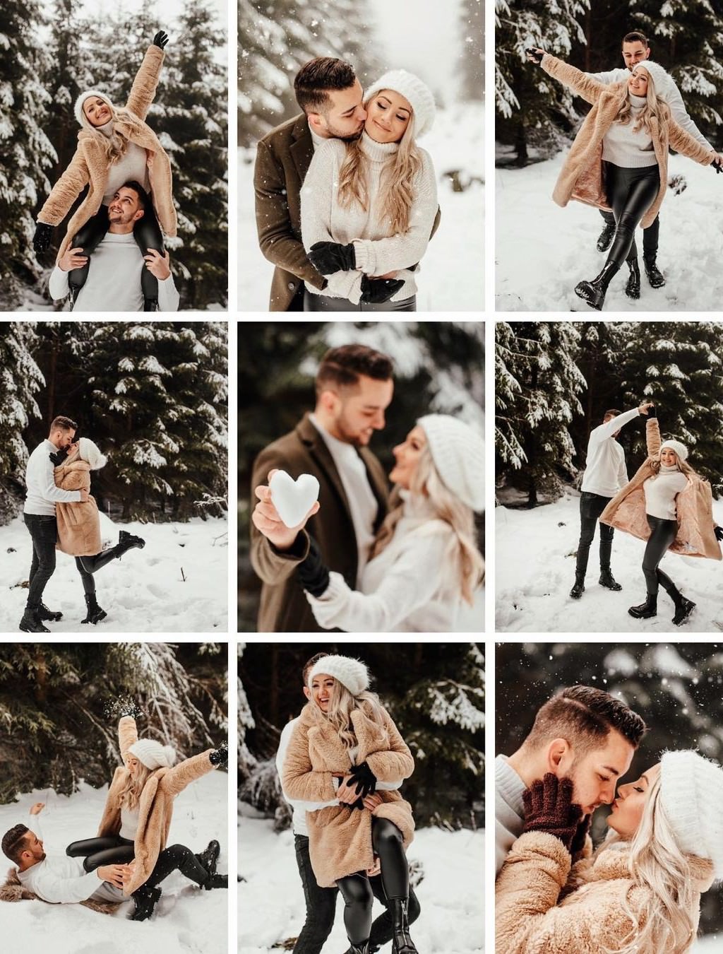 A photo collage of winter engagement photos. A series of poses showing a girl in a white seater and black leather pants with a guy in winter clothes. They are doing a variety of cute poses.