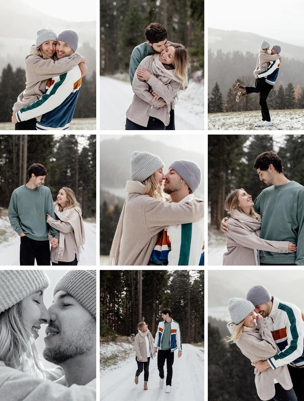 A photo collage of winter engagement photos. A couple posing in the snow