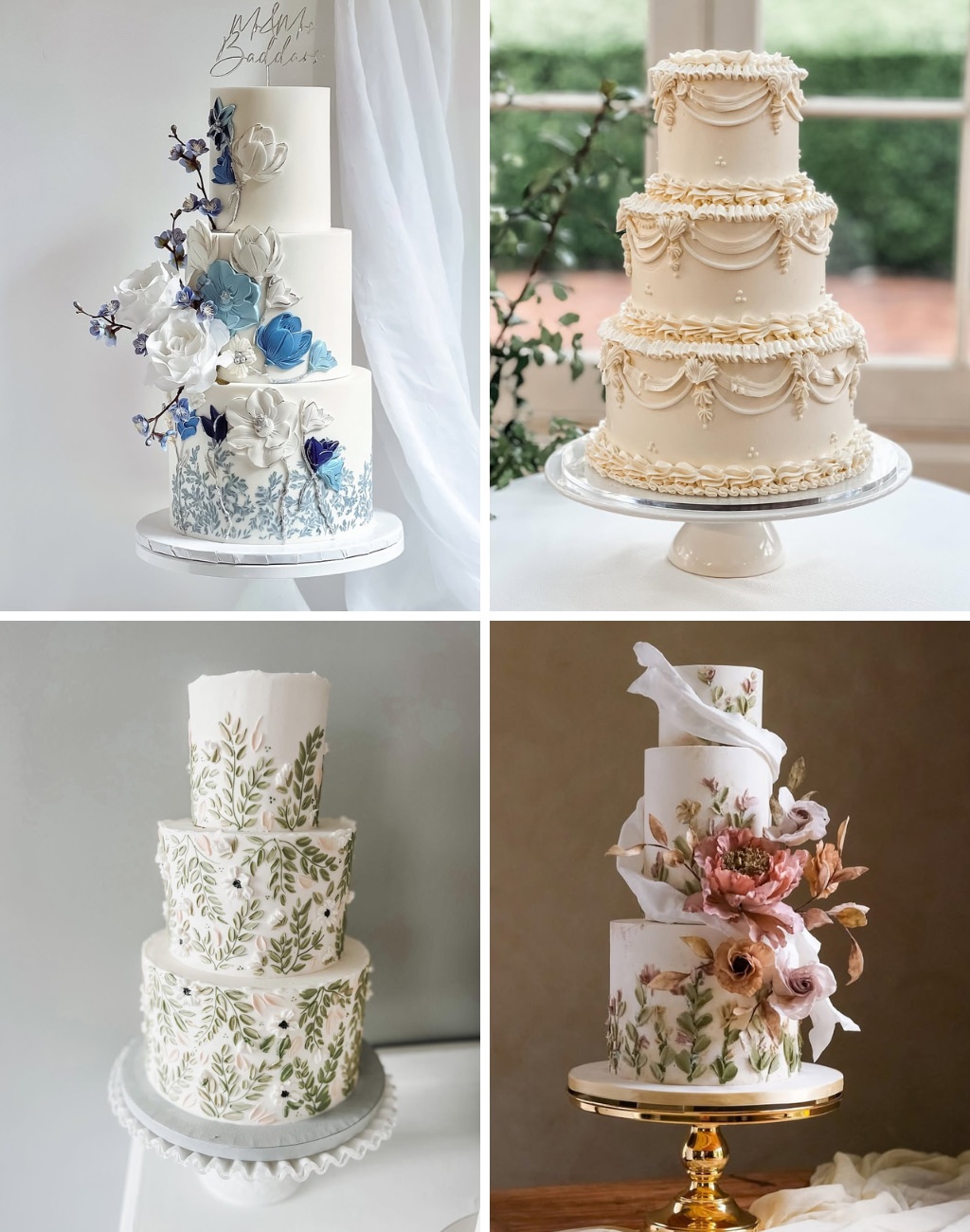 A photo collage showing 4 different 3-tier wedding cakes
