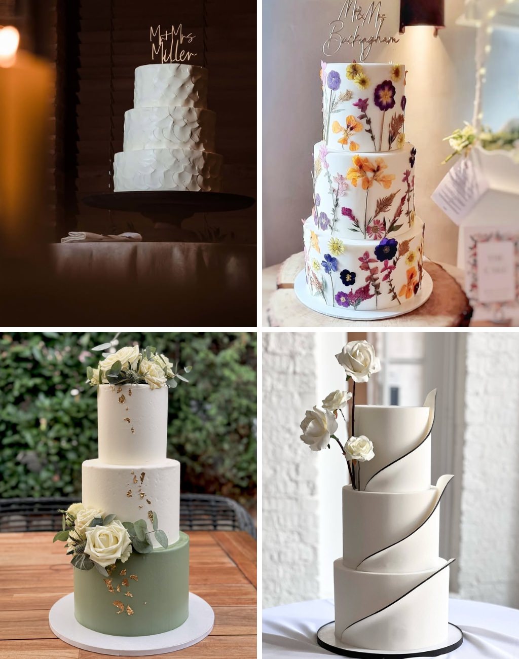 A photo collage with four 3-tier wedding cakes