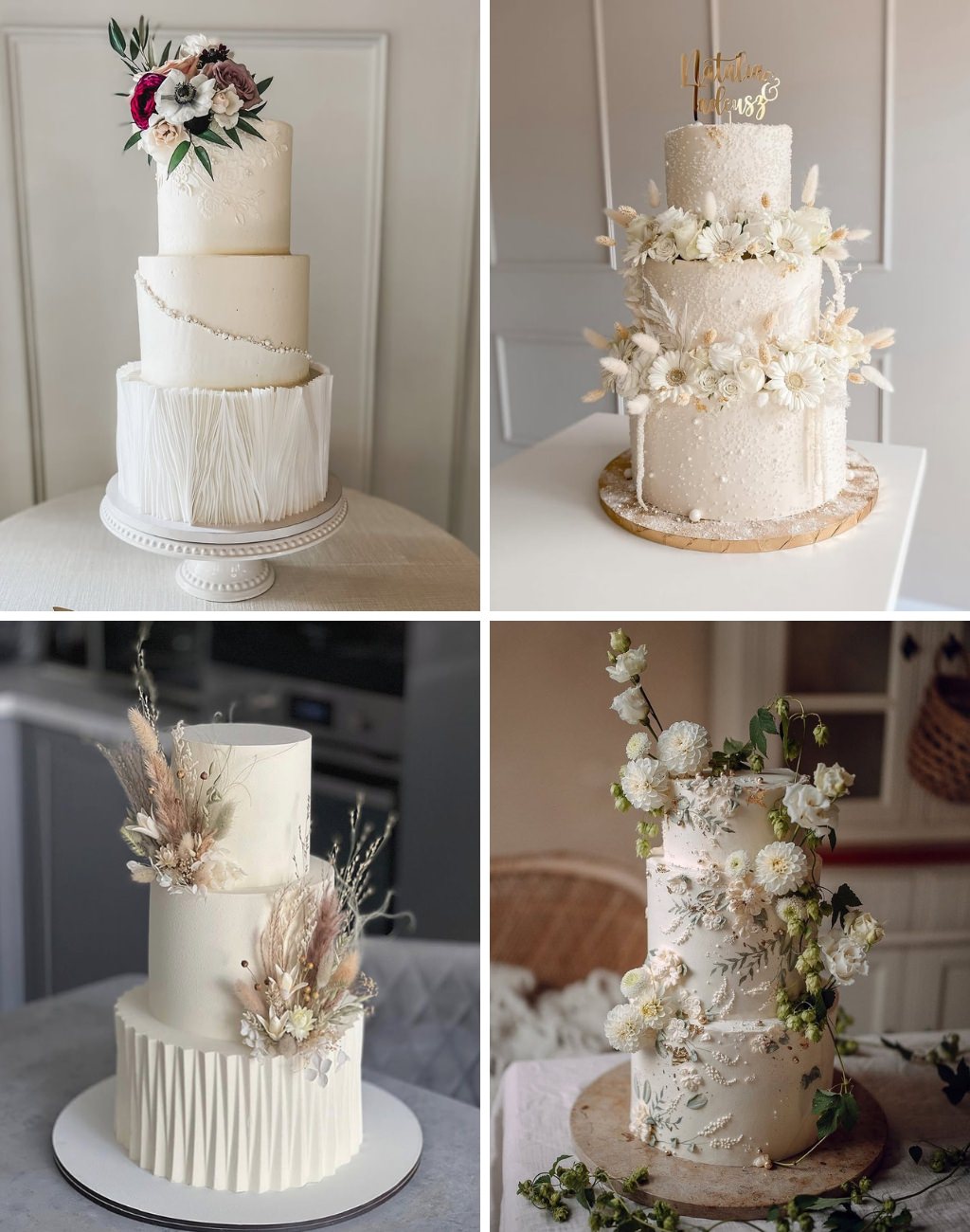 Four different 3-tier wedding cakes with beautiful designs