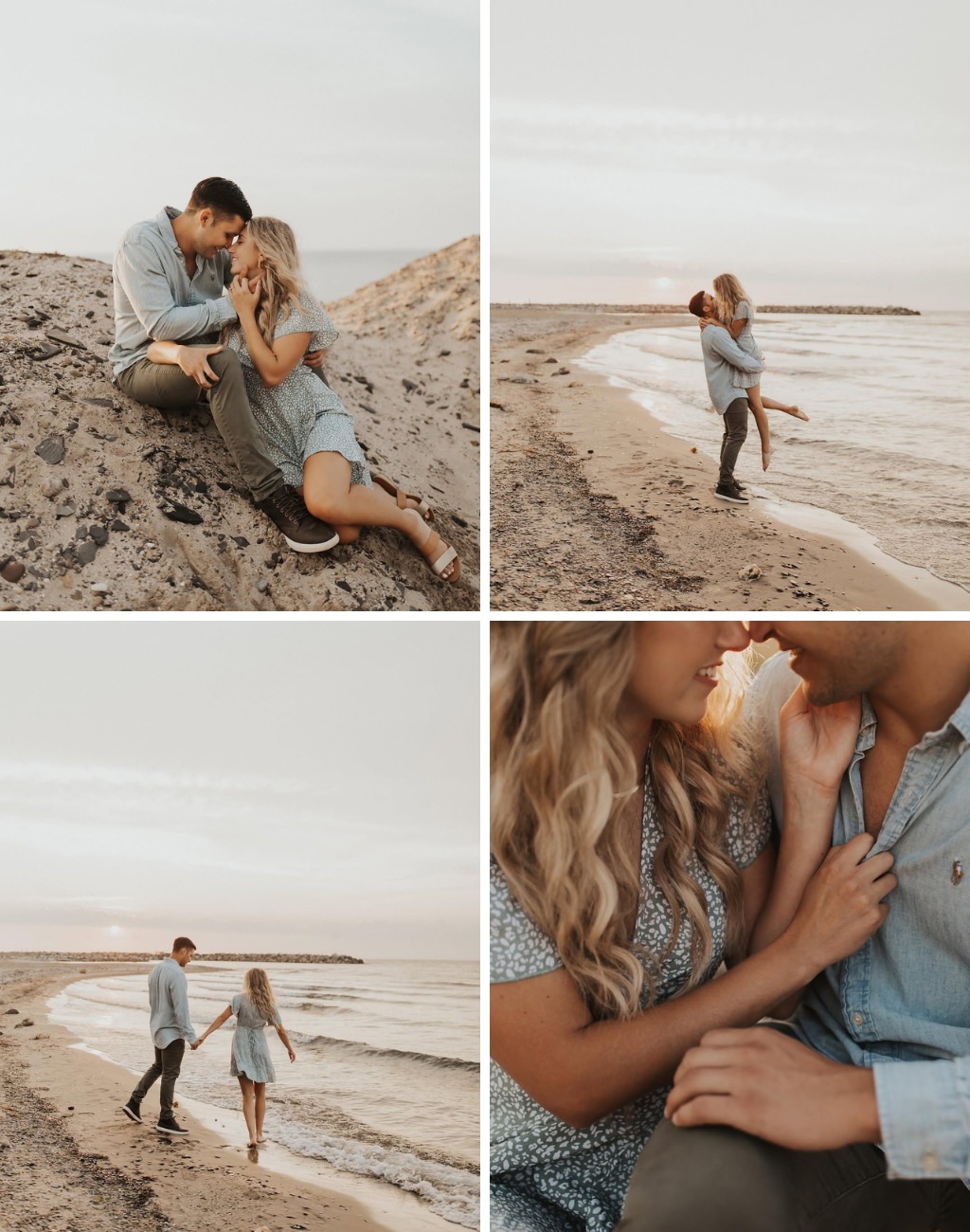 A couple taking pictures at their beach engagement session