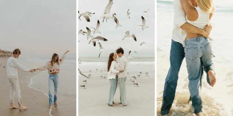 A photo collage showing 3 beach engagement photos with three different couples