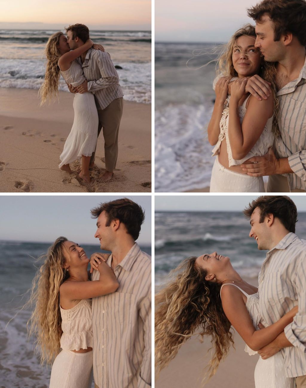 A romantic beach engagement session at sunset with the couple in a variety of poses
