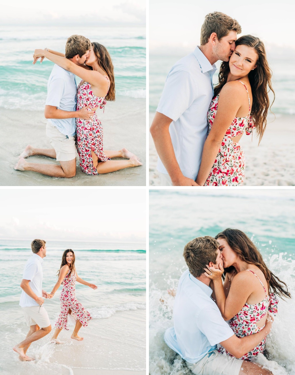 A couple posing for engagement pictures at the beach and playing in the water