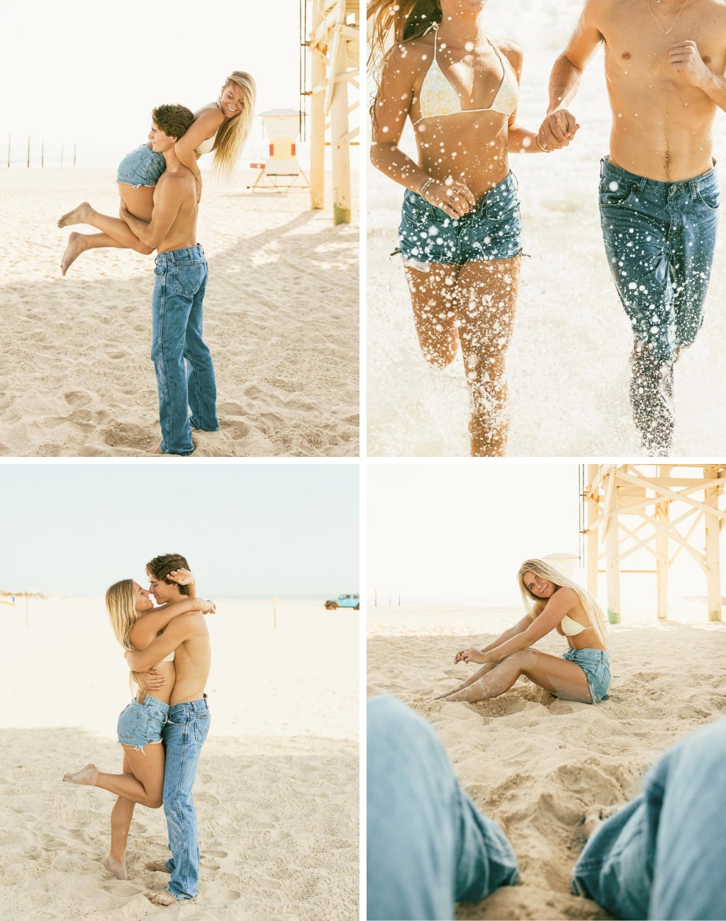 A couple taking engagement photos at the beach. The guy is wearing jeans and no shirt and the girl is wearing jean shorts and a bikini top