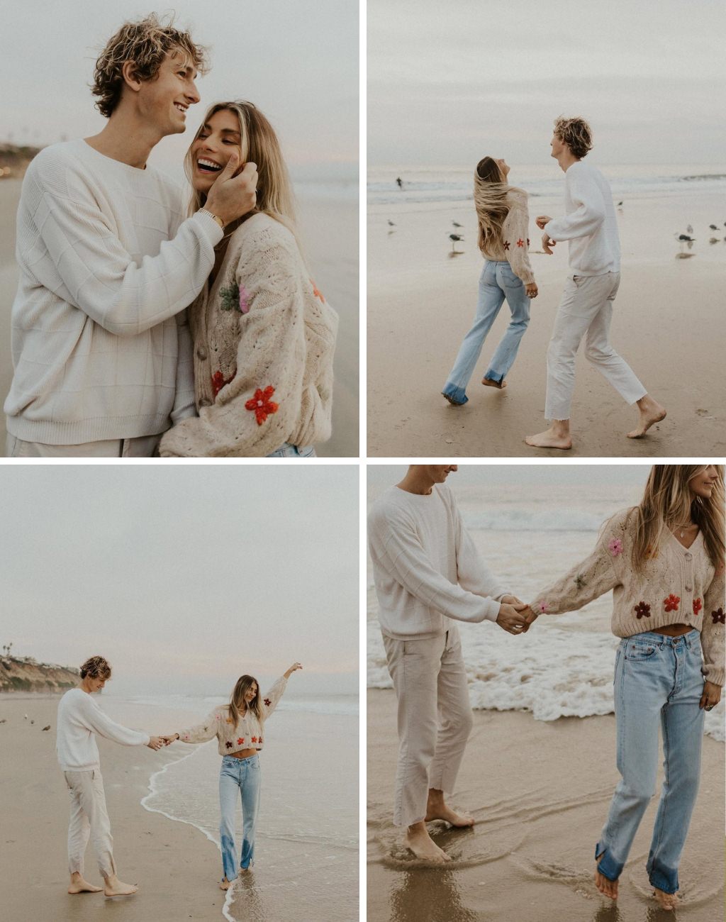 A couple taking lifestyle beach photos for their engagement session at the beach