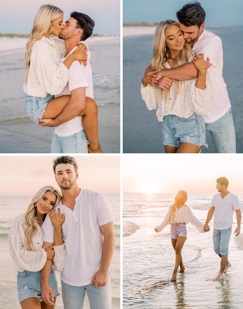 A couple in denim jeans and shorts posing for pictures at the beach