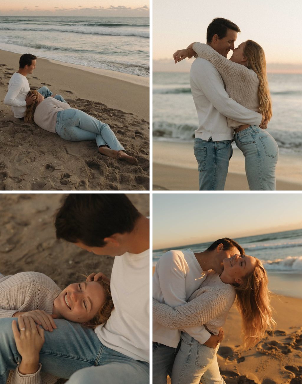 A couple posing for engagement photos at the beach during a golden hour sunset