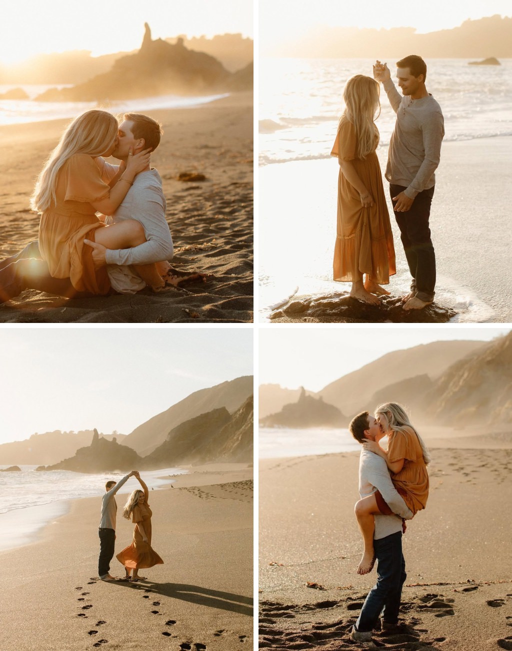 A couple posing for romantic engagement photos near the ocean