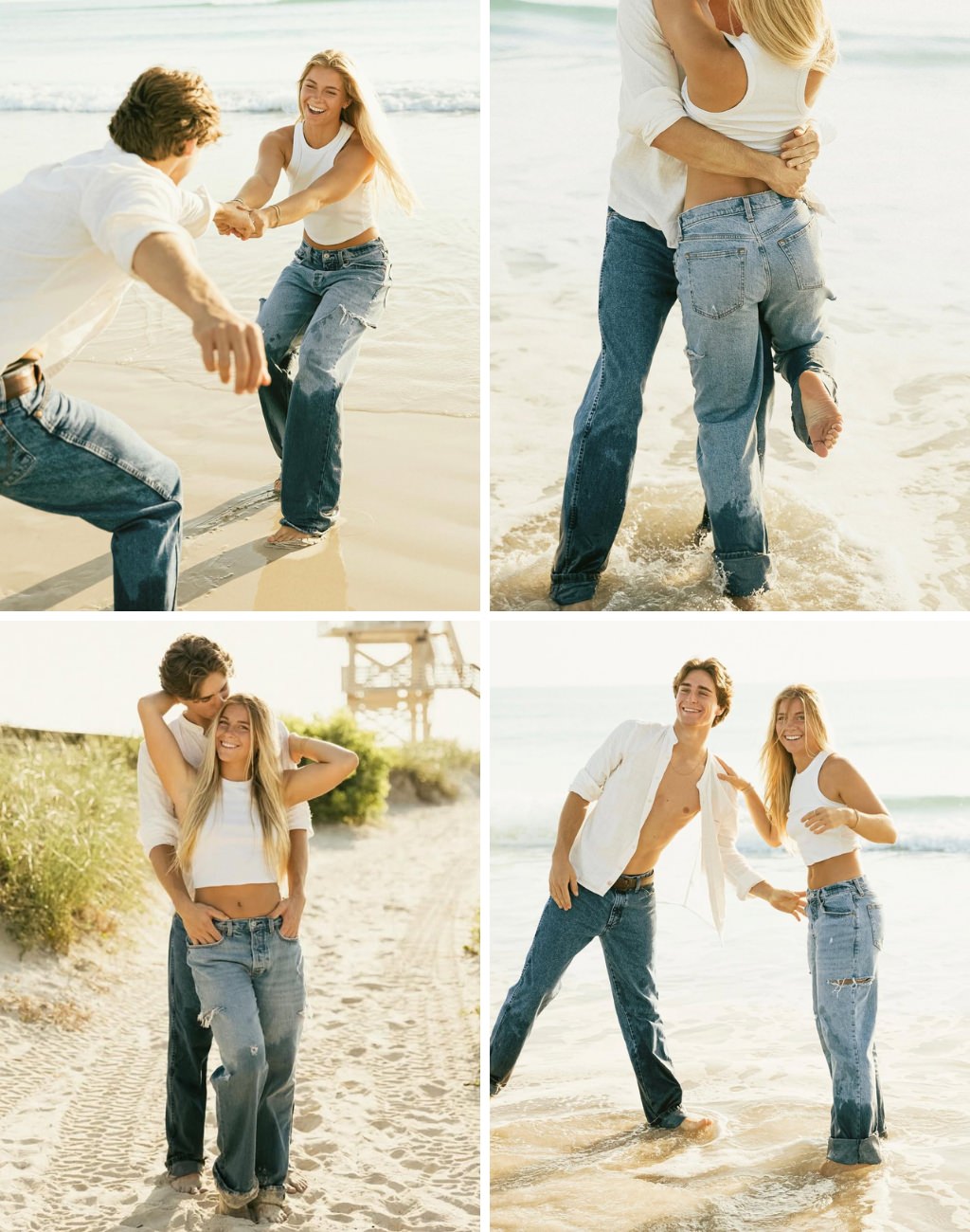 A couple playing around and posing for beach engagement photos in jeans