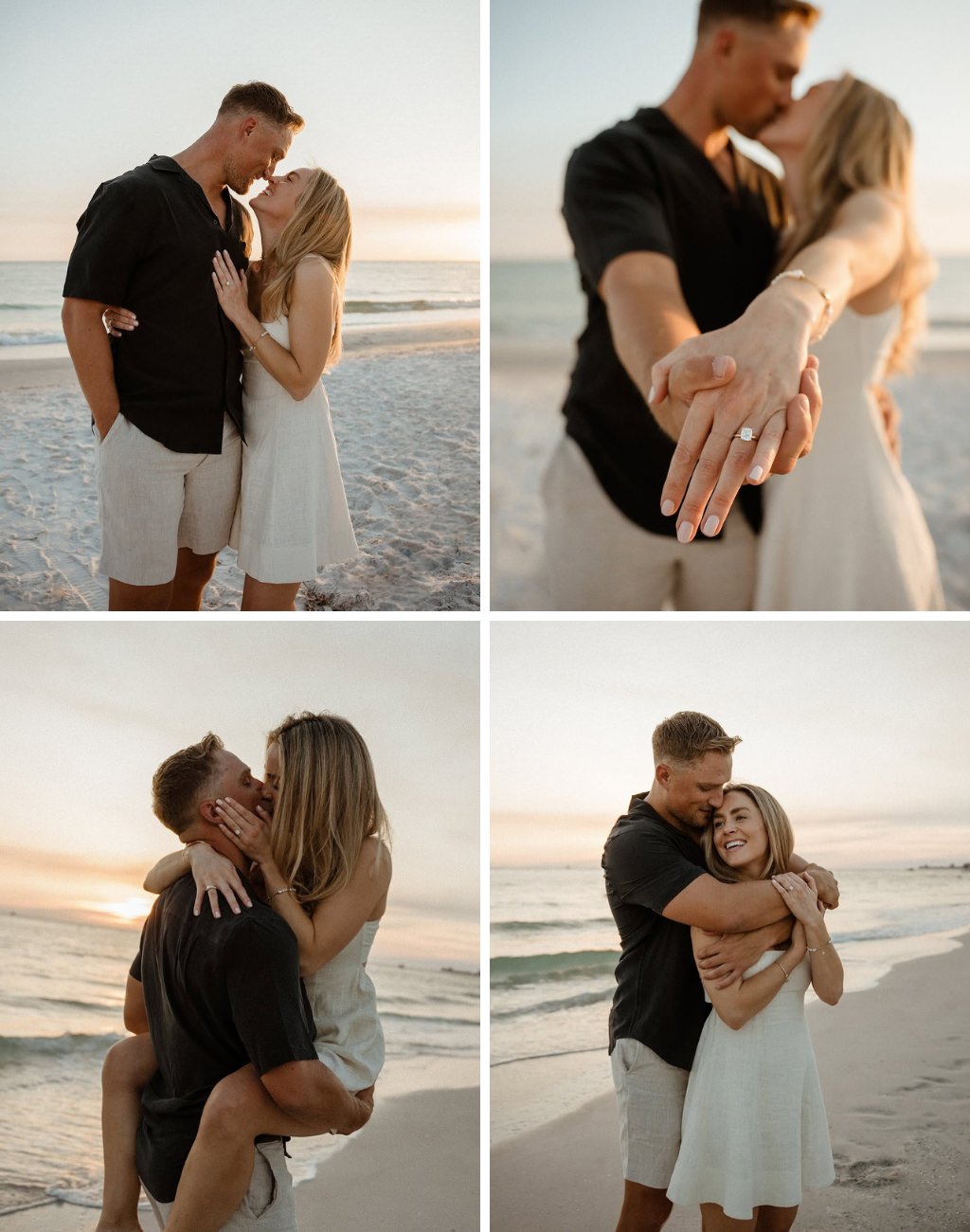A couple posing for engagement photos at the beach and the girl is showing off her new engagement ring to the camera
