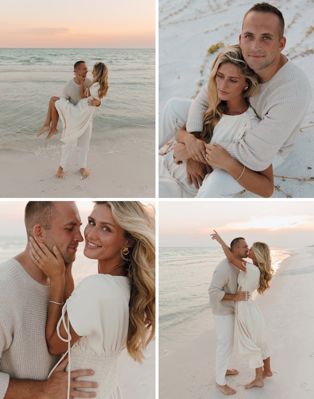 A sunset beach engagement session with a couple in white