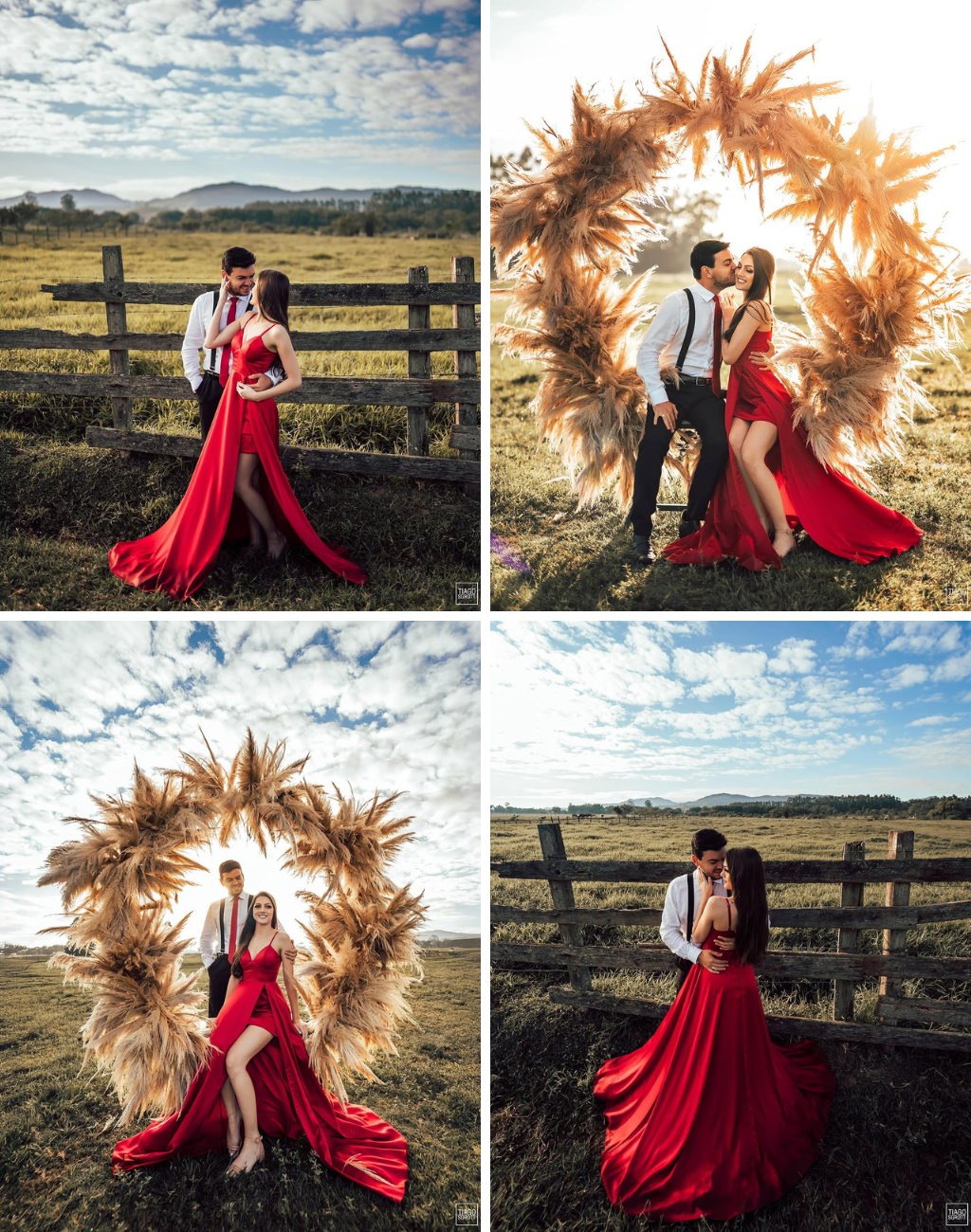 An outdoor boho style engagement photo session with the guy dressed up nice and the girl wearing a bold red dress