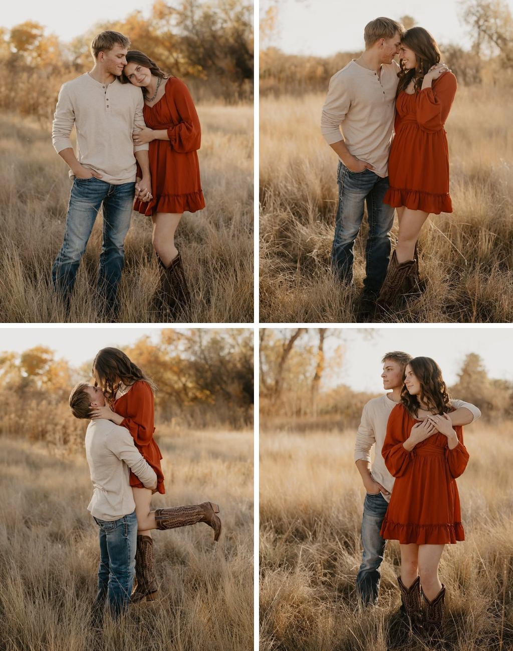 A man and woman posing outdoors for engagement photos. The girl is wearing a red dress and boots. This is for the blog post called engagement photos outfits and accessories