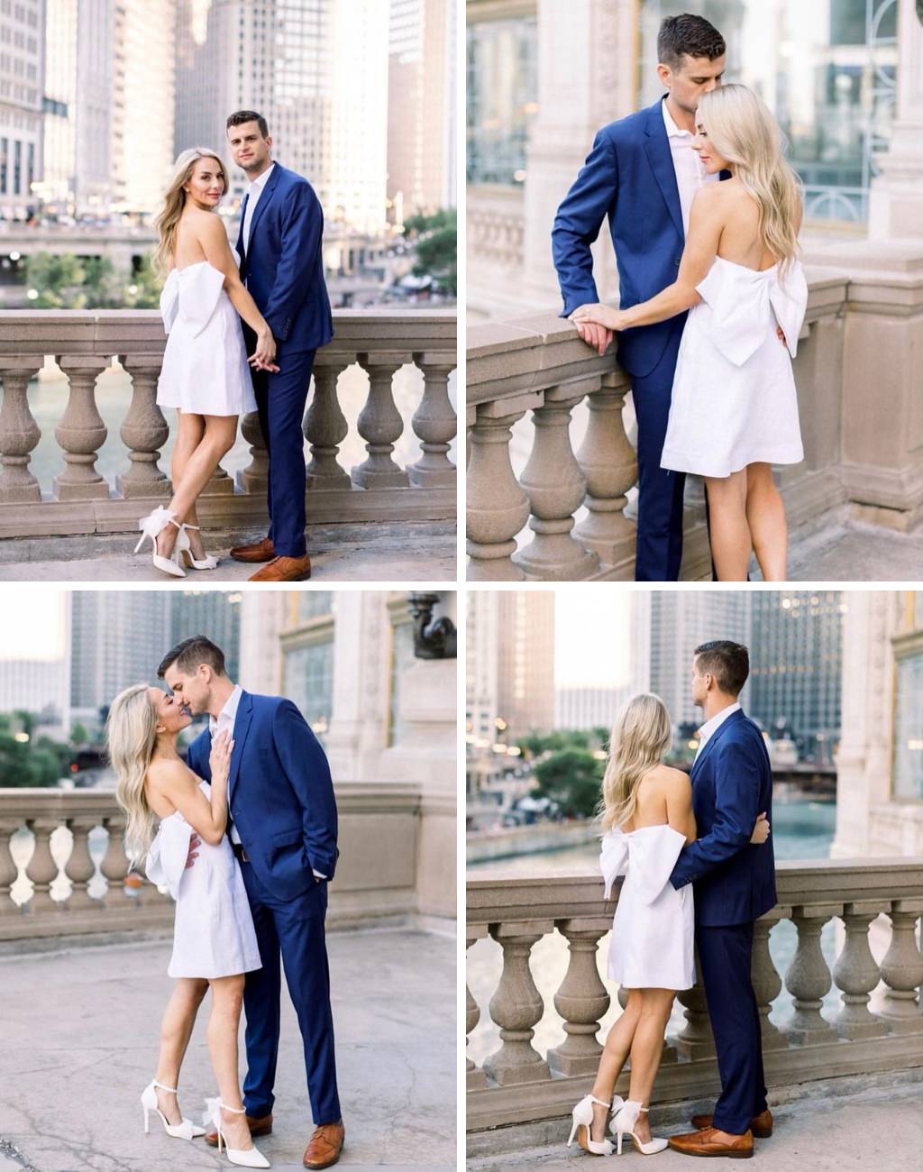 A couple taking engagement photos in the city wearing nice dress clothes