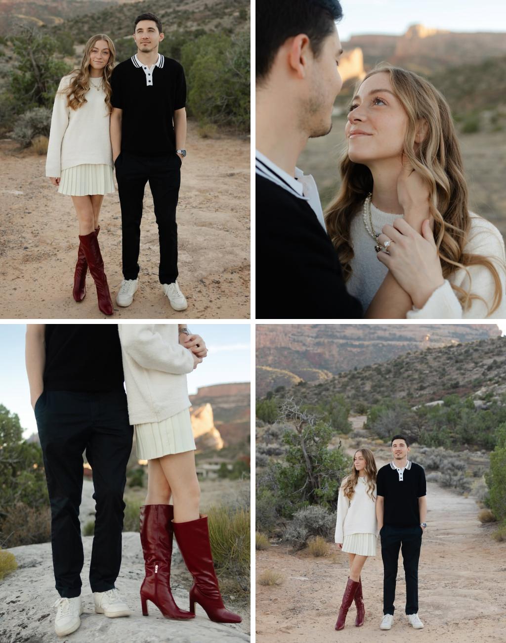 A couple posing for their engagement photos outdoors. The girl is wearing a white outfit with tall boots. The guy is wearing black and white.