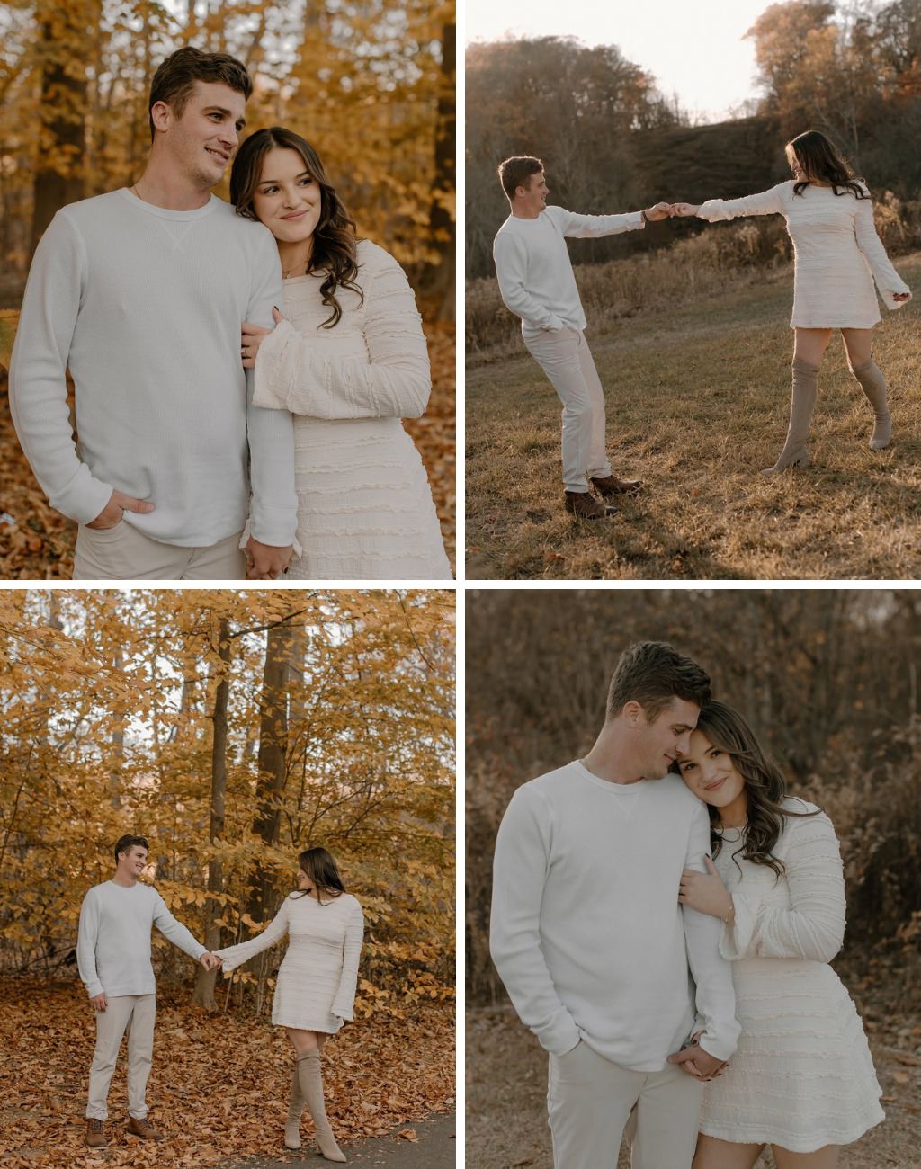 A couple taking fall engagement photos wearing white and the girl has tall boots