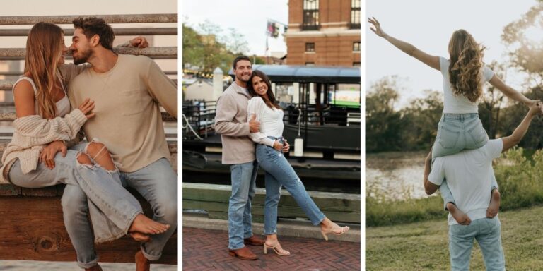 Three different engagement photos in jeans showing 3 different couples posing