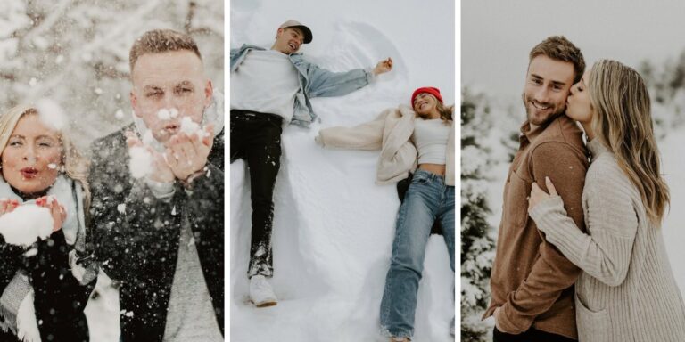 3 different engagement photos in the snow