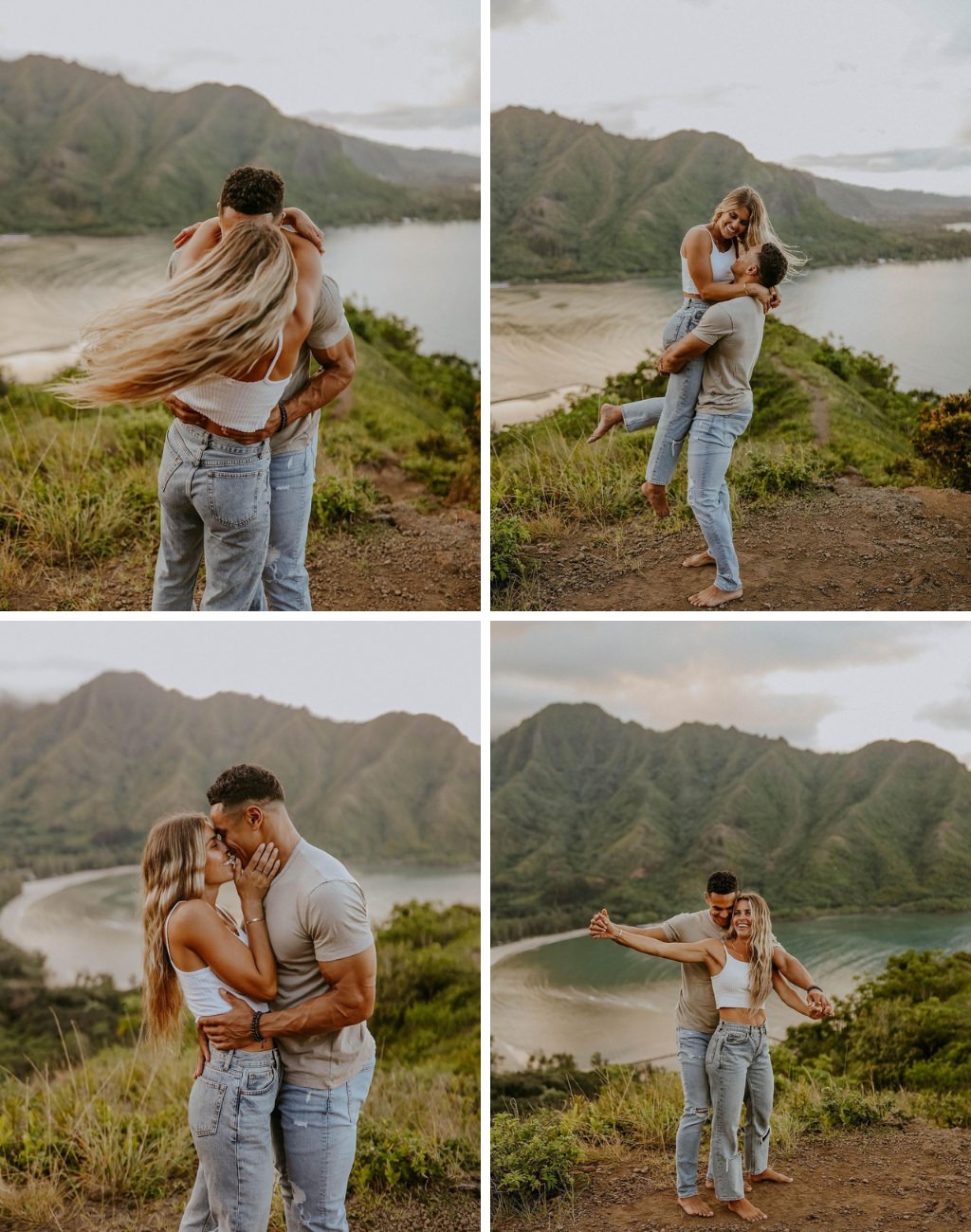 A couple taking engagement pictures in Hawaii wearing jeans overlooking the ocean