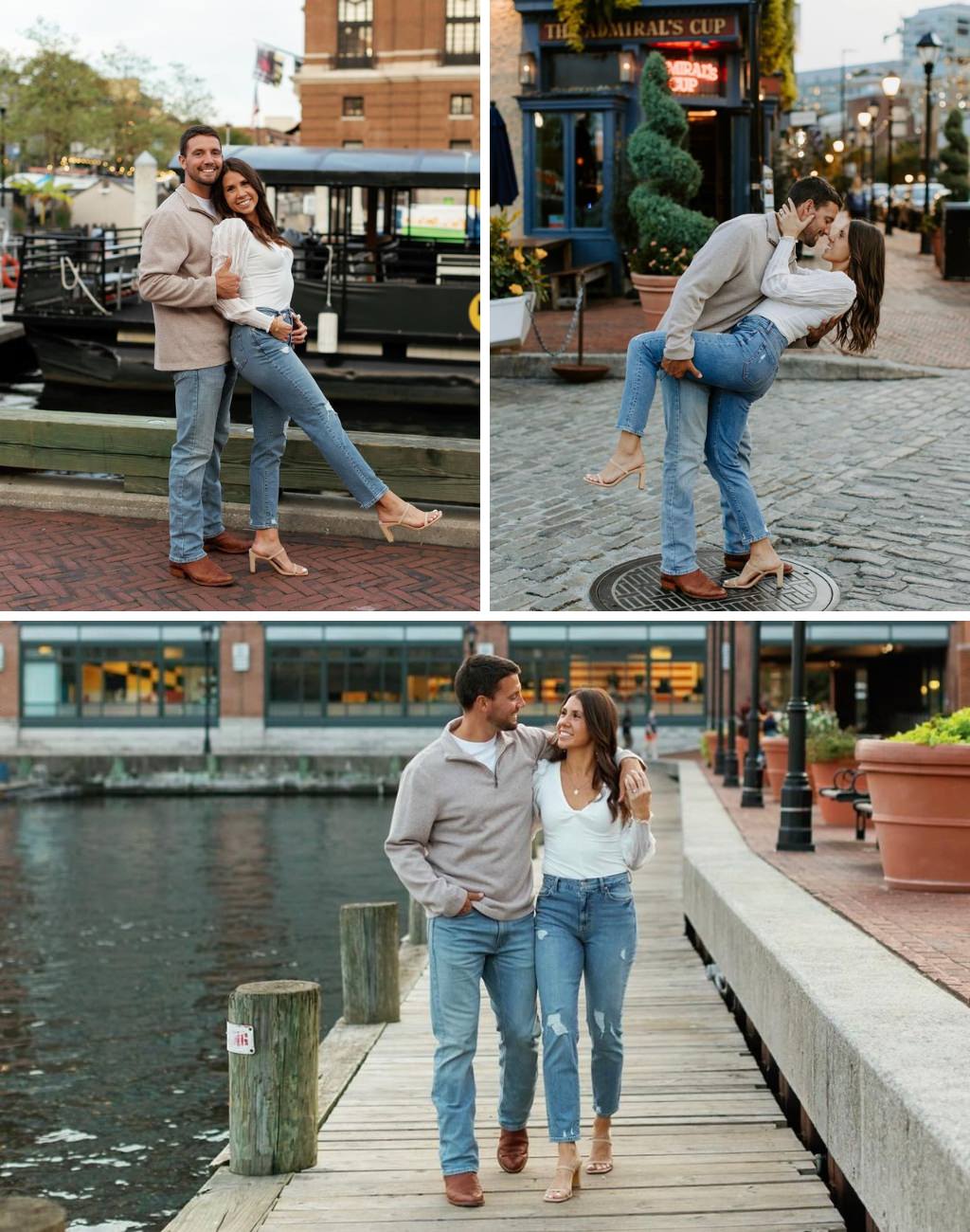 A couple posing near a city waterfront in jeans and nice shirts. The girl is wearing heels