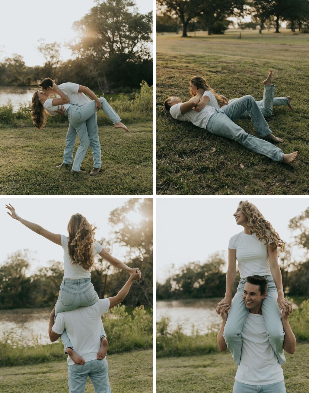 A couple posing barefoot in jeans for their engagement photos at a park